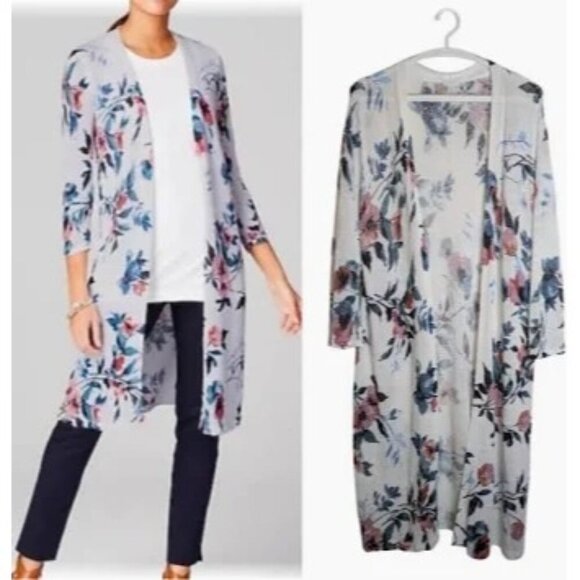 J. Jill Sweaters - J. Jill Floral Linen Open Duster Cardigan Size Large White Spring Watercolor